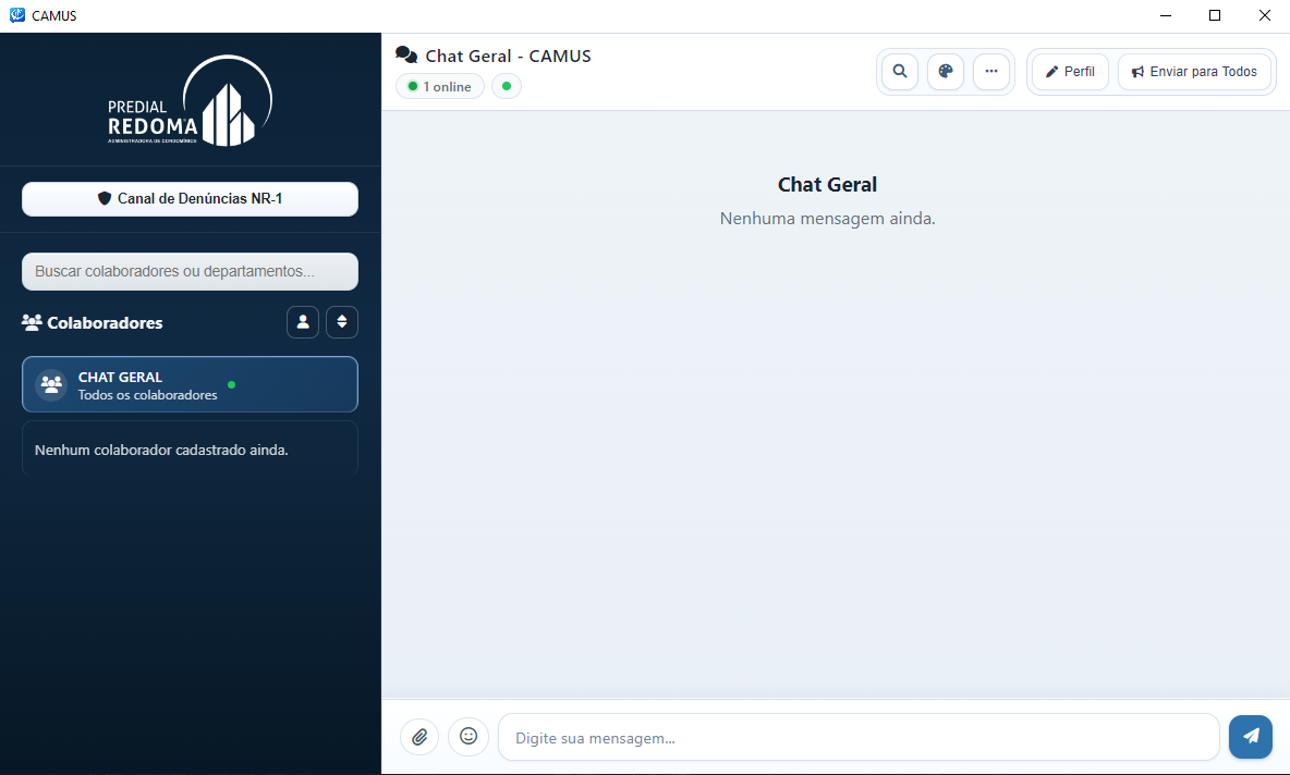 Tela principal do CAMUS com chat geral aberto.
